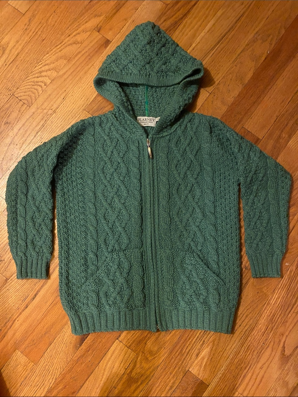 Blarney Woollen Mills Ireland Kids Cable Knit Cardigan Size 9/10 Green Like New